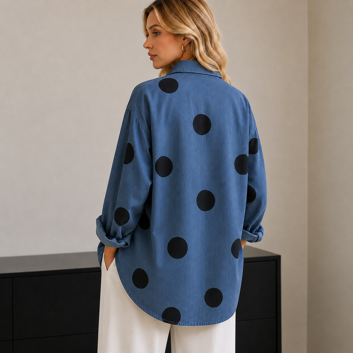 Women's Oversized Long Sleeve Denim Shirt with Printed Design and Chest Pockets – Relaxed Fit Button-Up Casual Top for Everyday Streetwear and Weekend Layering