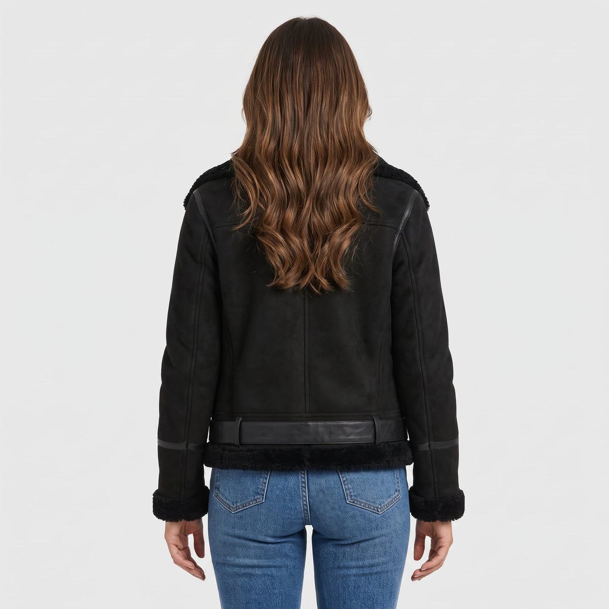 Leather Shearling Aviator Jacket – Oversized Collar & Belted Waist | Amanda