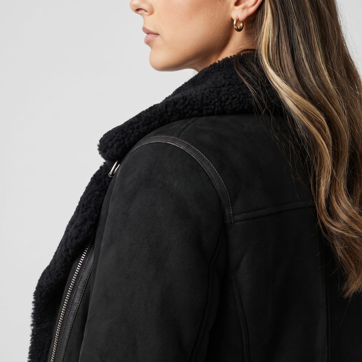 Leather Shearling Aviator Jacket – Oversized Collar & Belted Waist | Amanda