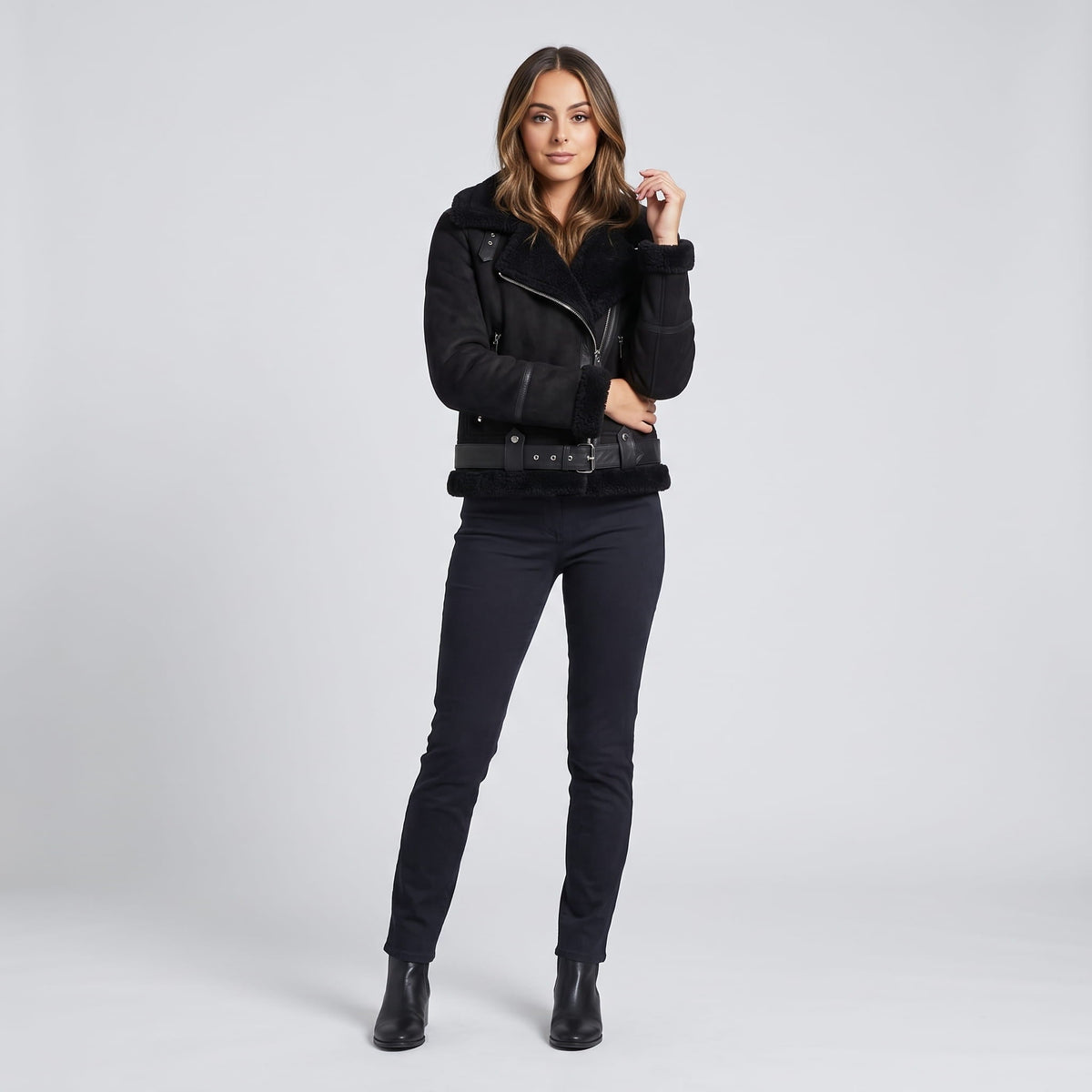 Leather Shearling Aviator Jacket – Oversized Collar & Belted Waist | Amanda