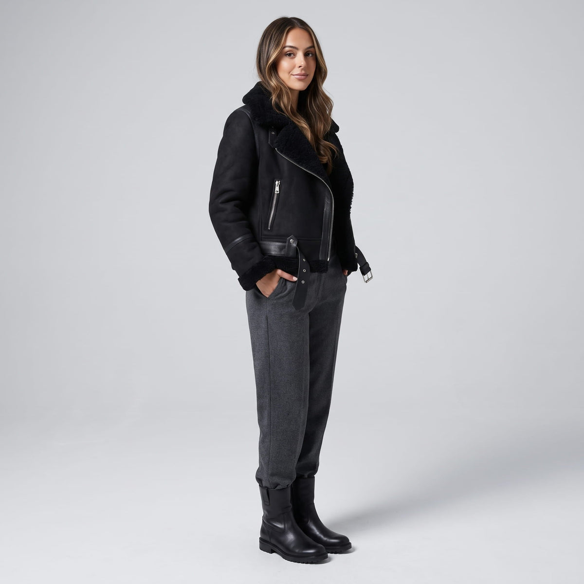 Leather Shearling Aviator Jacket – Oversized Collar & Belted Waist | Amanda