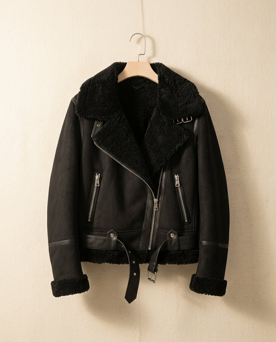 Leather Shearling Aviator Jacket – Oversized Collar & Belted Waist | Amanda