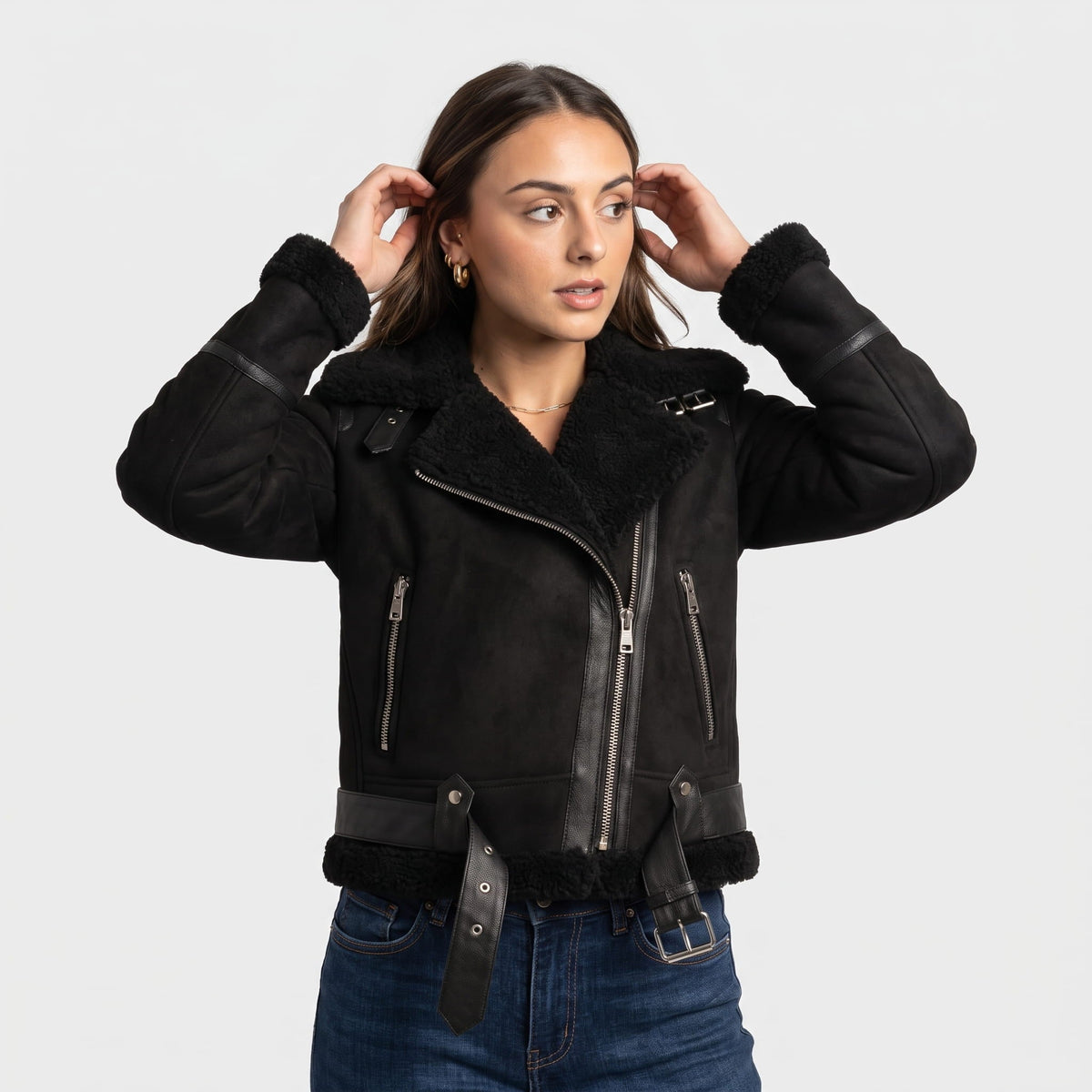 Leather Shearling Aviator Jacket – Oversized Collar & Belted Waist | Amanda