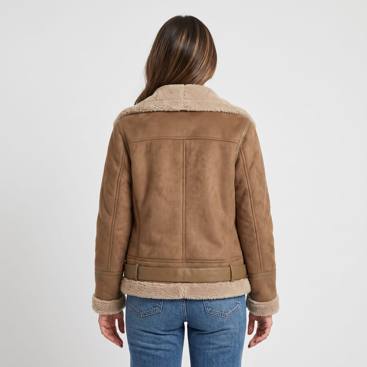 Leather Shearling Aviator Jacket – Oversized Collar & Belted Waist | Amanda