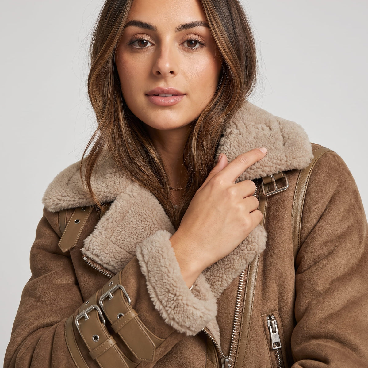 Leather Shearling Aviator Jacket – Oversized Collar & Belted Waist | Amanda