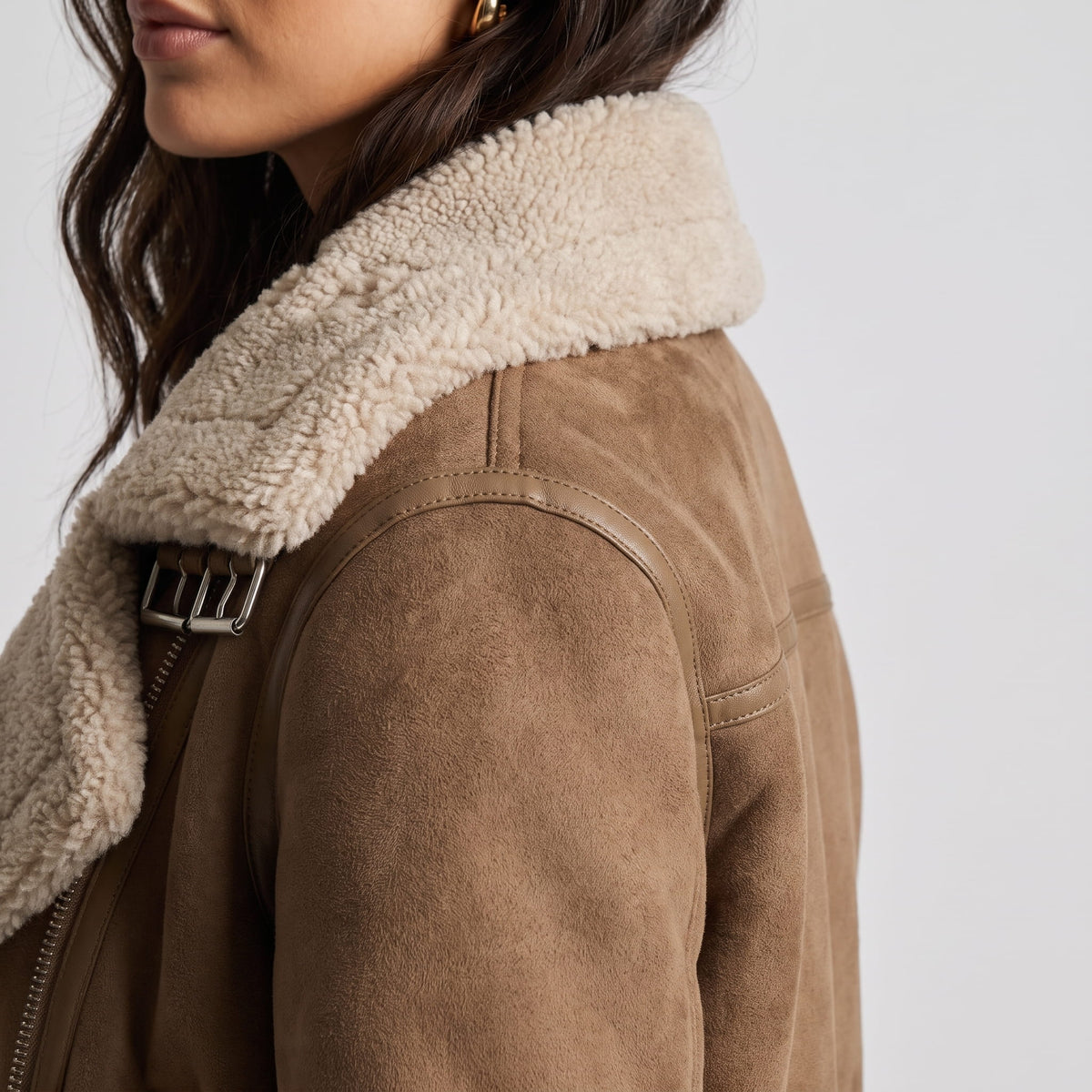 Leather Shearling Aviator Jacket – Oversized Collar & Belted Waist | Amanda
