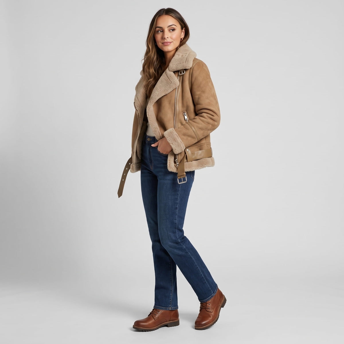 Leather Shearling Aviator Jacket – Oversized Collar & Belted Waist | Amanda