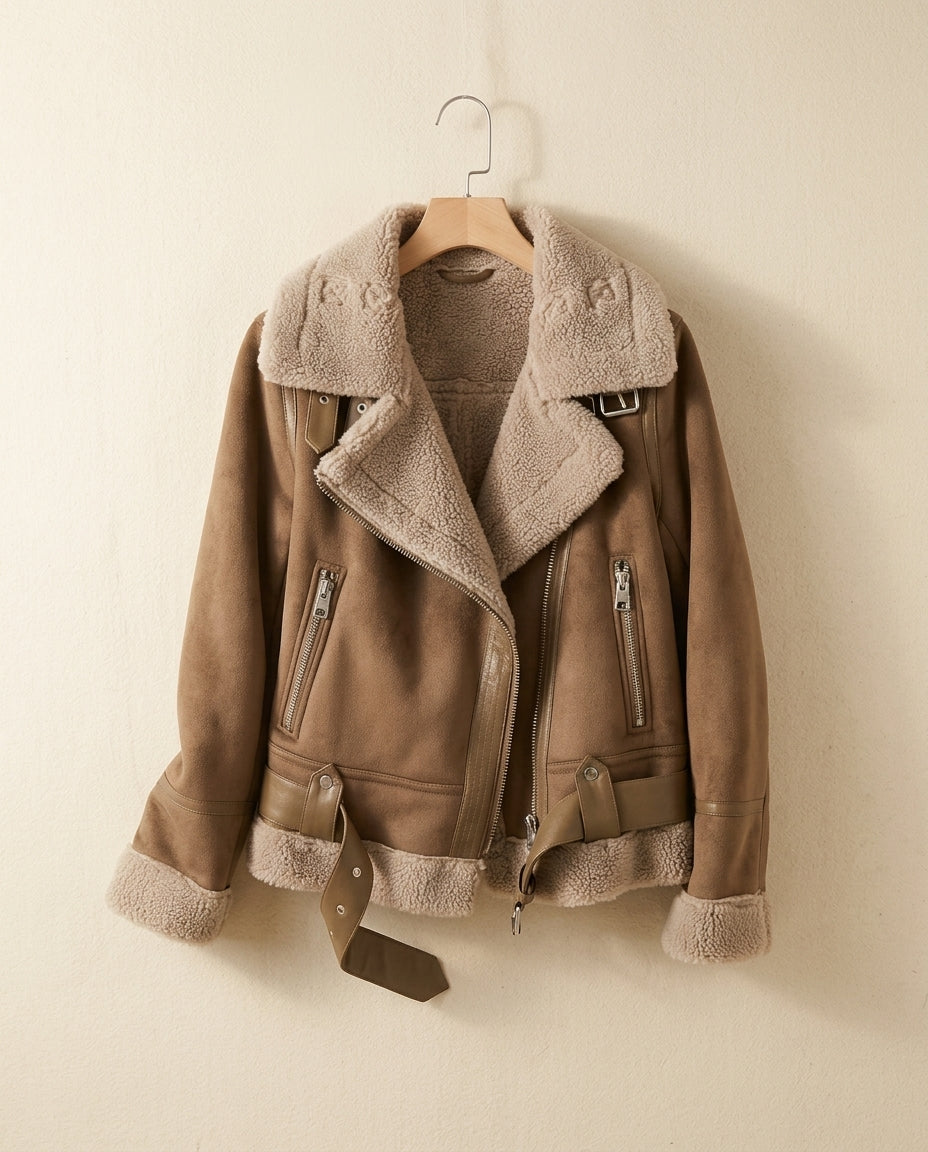 Leather Shearling Aviator Jacket – Oversized Collar & Belted Waist | Amanda