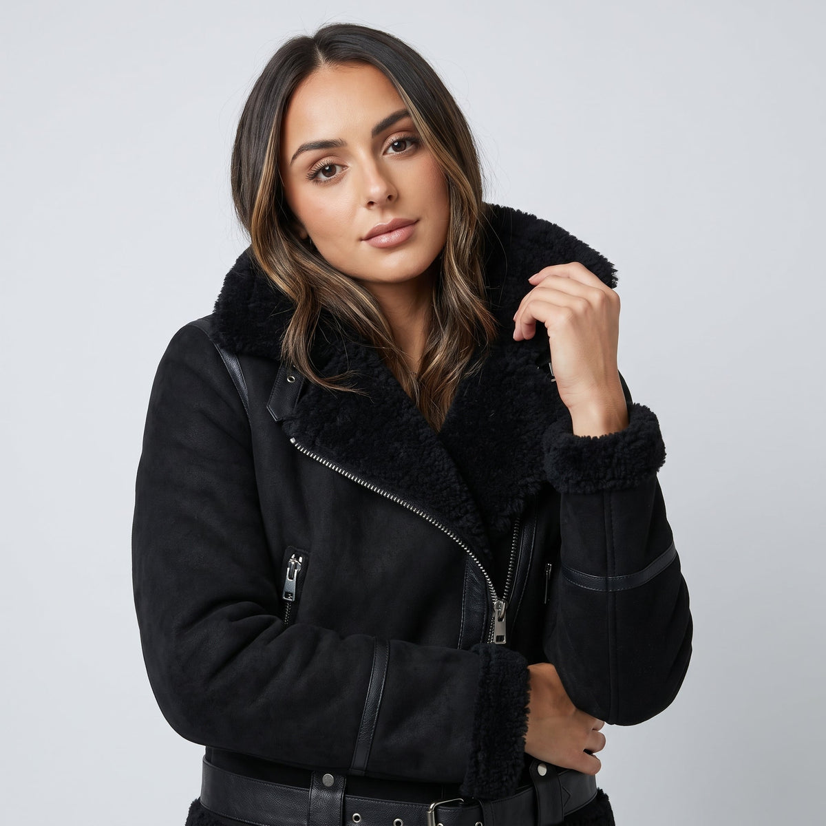 Leather Shearling Aviator Jacket – Oversized Collar & Belted Waist | Amanda