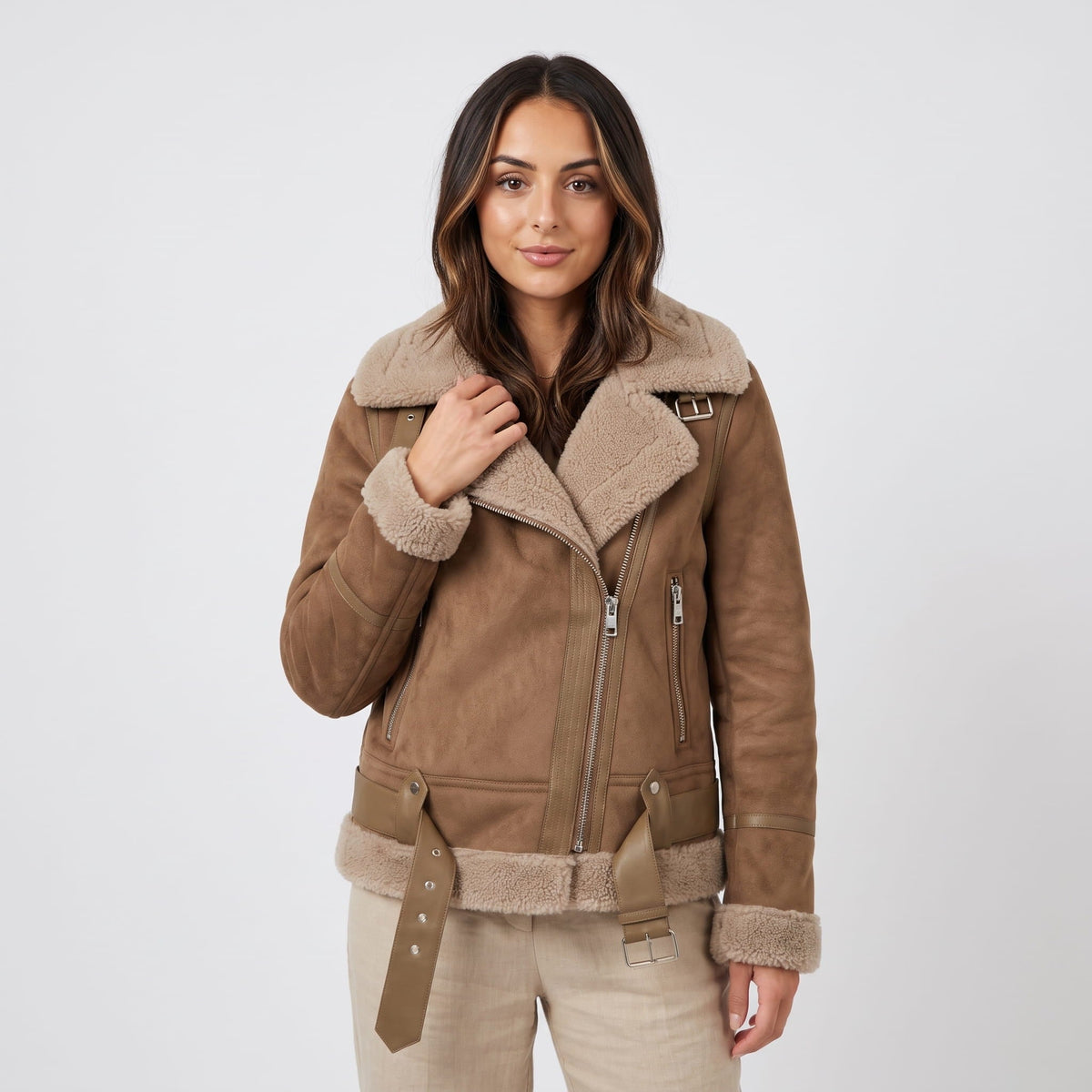 Leather Shearling Aviator Jacket – Oversized Collar & Belted Waist | Amanda