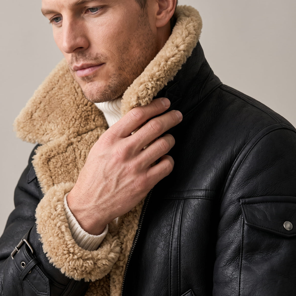Leather Shearling Jacket – Fur Lining & Biker-Inspired Design | Jovito