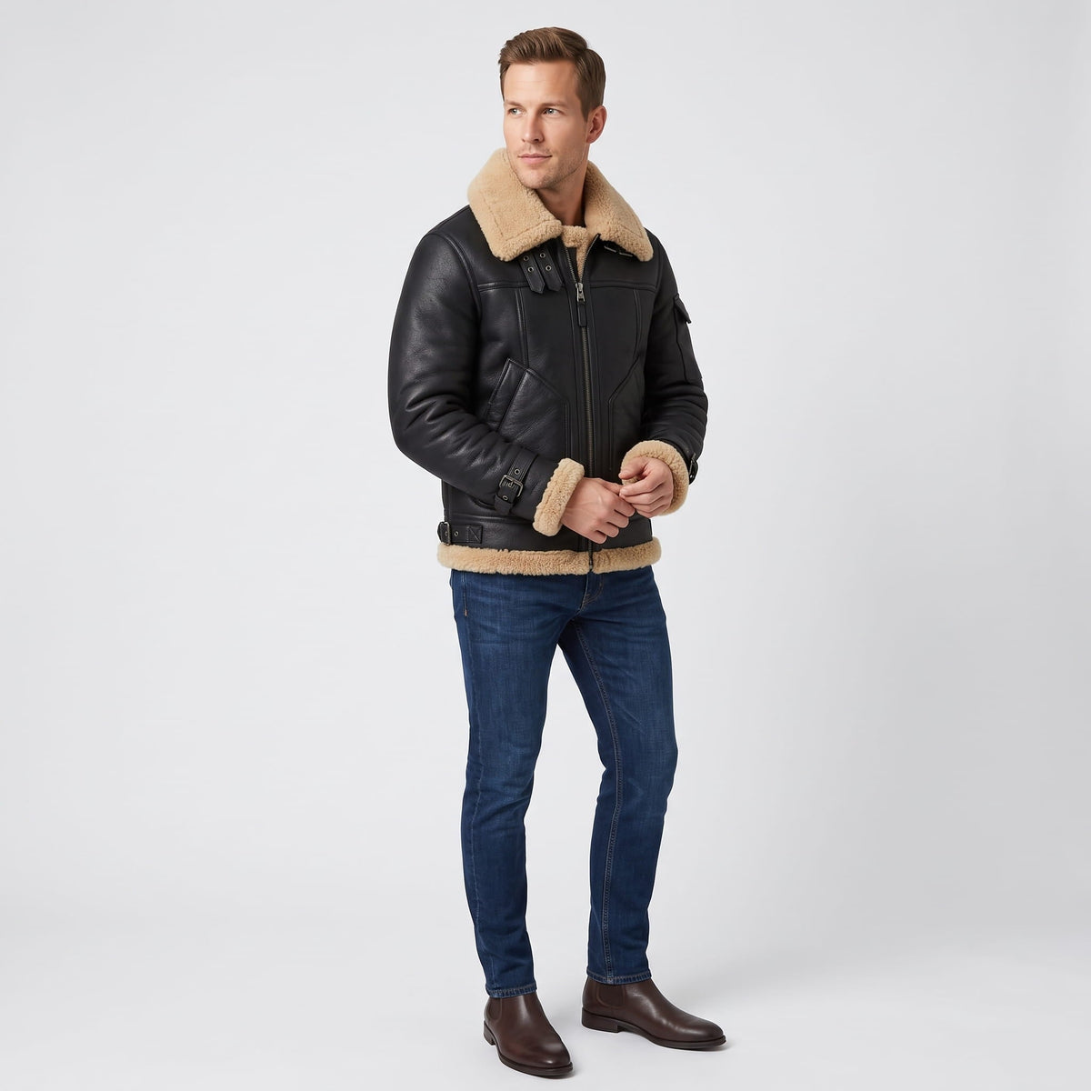 Leather Shearling Jacket – Fur Lining & Biker-Inspired Design | Jovito