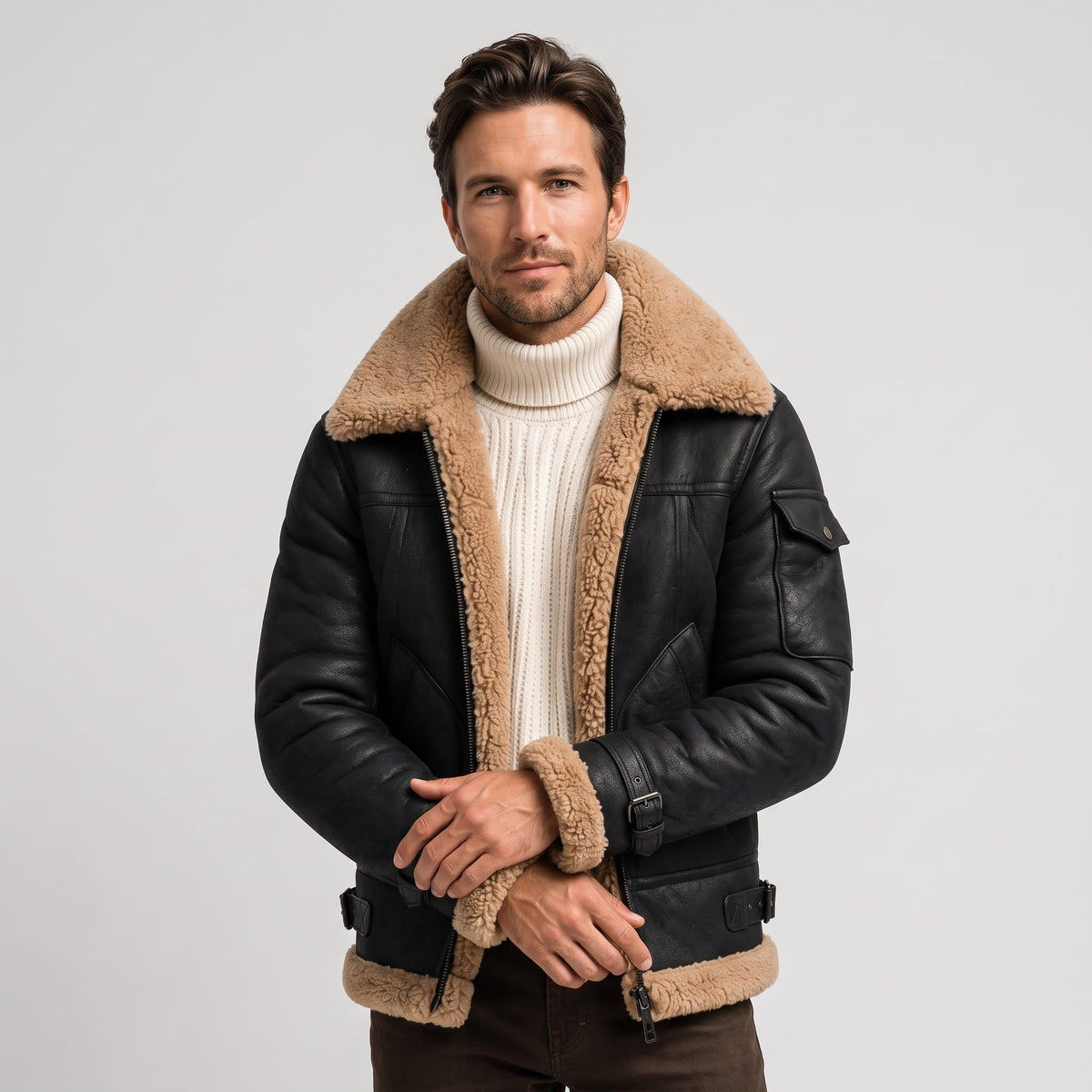 Leather Shearling Jacket – Fur Lining & Utility Pockets | Moreno