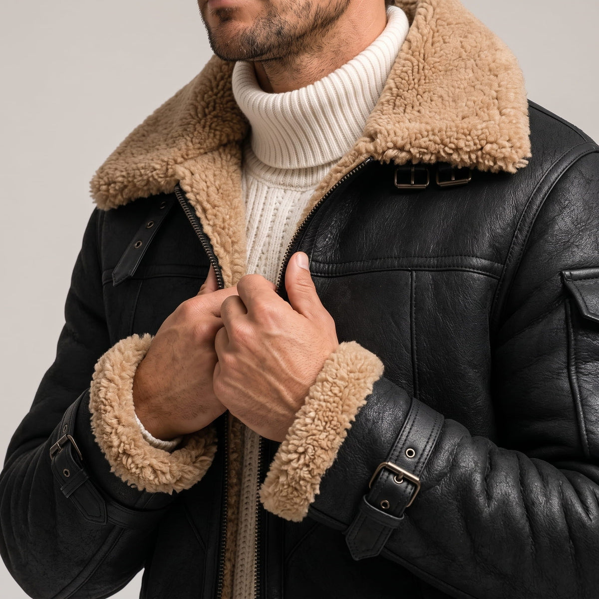 Leather Shearling Jacket – Fur Lining & Utility Pockets | Moreno
