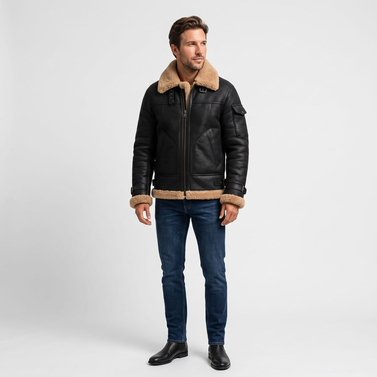 Leather Shearling Jacket – Fur Lining & Utility Pockets | Moreno