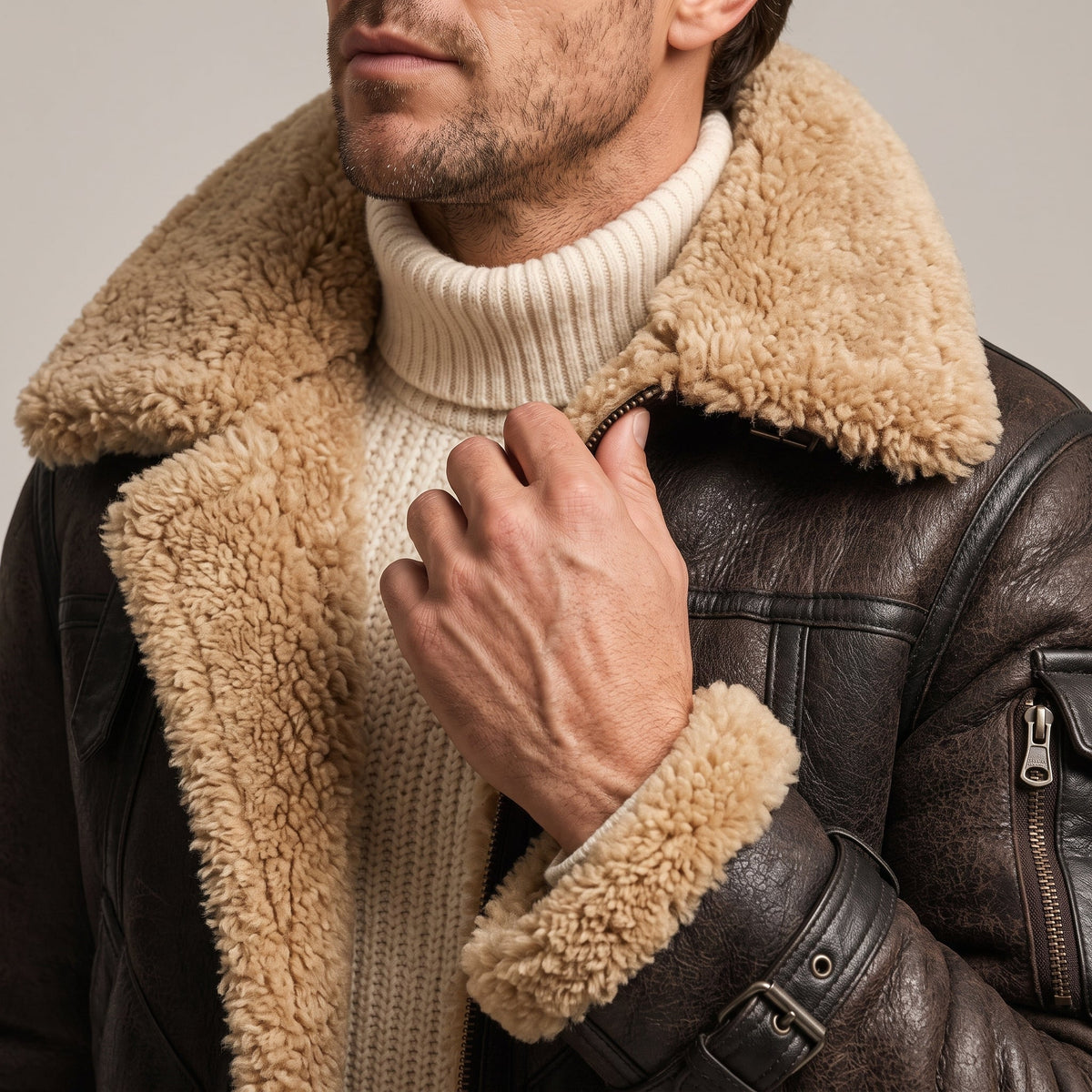 Leather Shearling Jacket – Fur Lining & Utility Pockets | Moreno