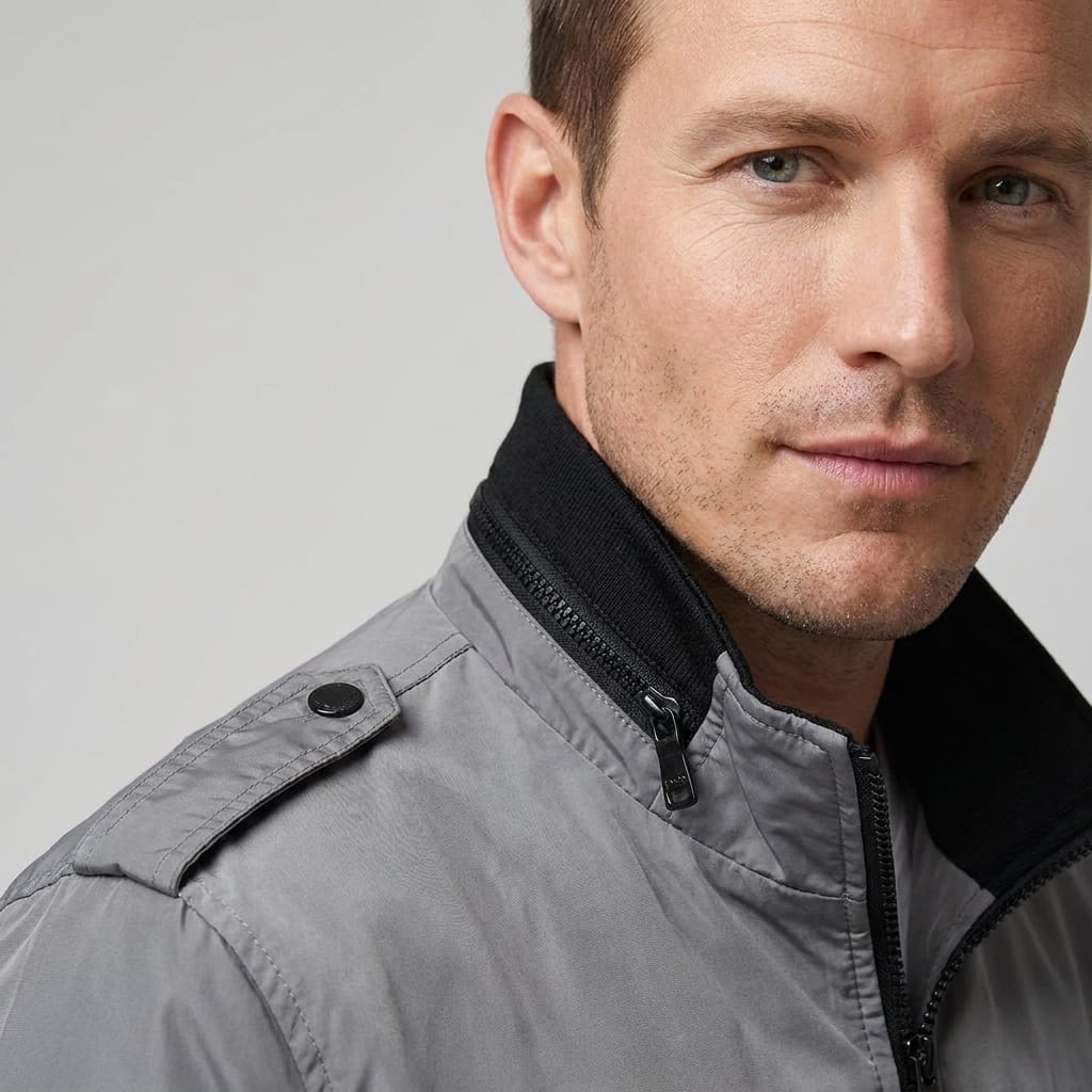 Lester Stand Collar Bomber Jacket – Zip Pocket Epaulette Detail Woven Custom-Fit Outerwear
