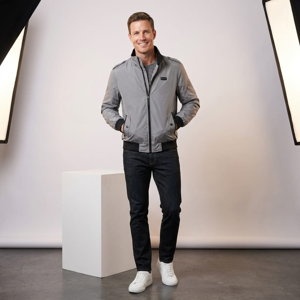 Lester Stand Collar Bomber Jacket – Zip Pocket Epaulette Detail Woven Custom-Fit Outerwear