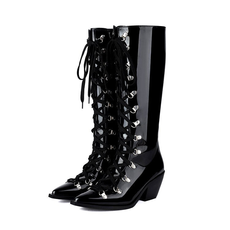Leylani - Women’s Knee High Lace Up Block Heel Boots