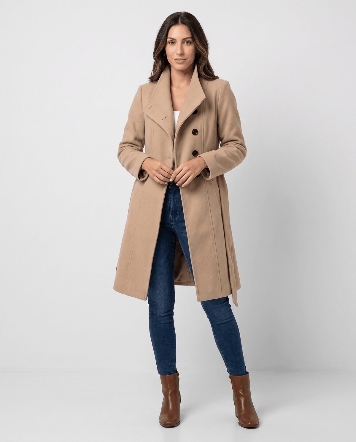 Long Trench Coat – Belted Waist & Double-Breasted Front | Joanne