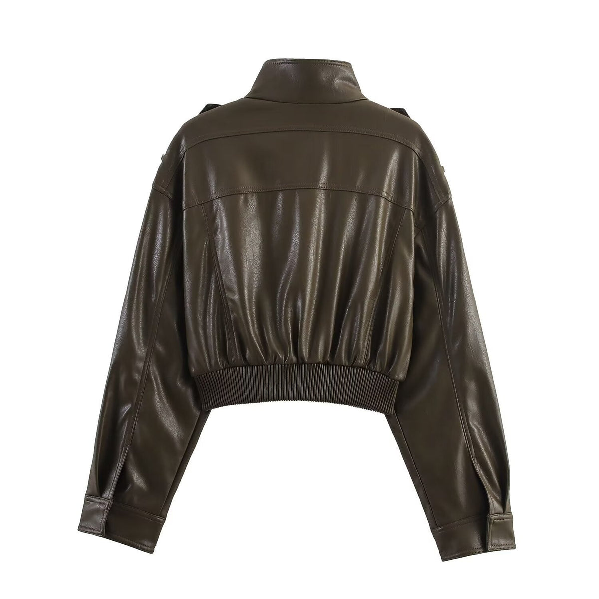 Women's Cropped Faux Leather Jacket | Stand Collar Bomber