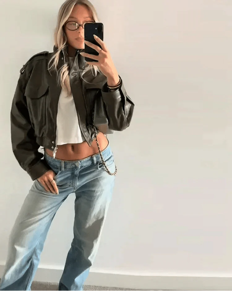 Women's Cropped Faux Leather Jacket | Stand Collar Bomber