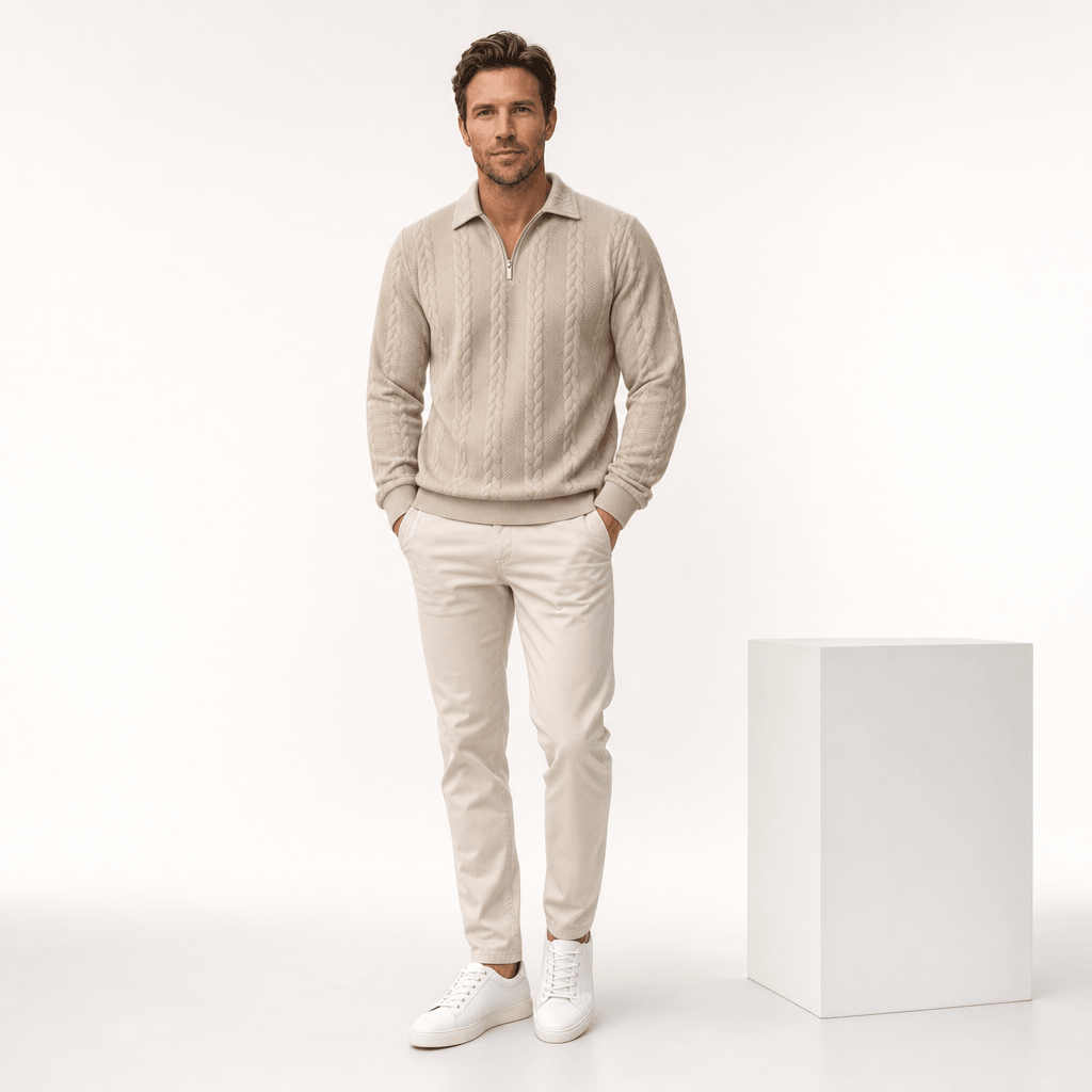 Luca Cable-Knit Quarter-Zip Sweater – Jacquard Ribbed-Cuff Collared Medium-Stretch Pullover
