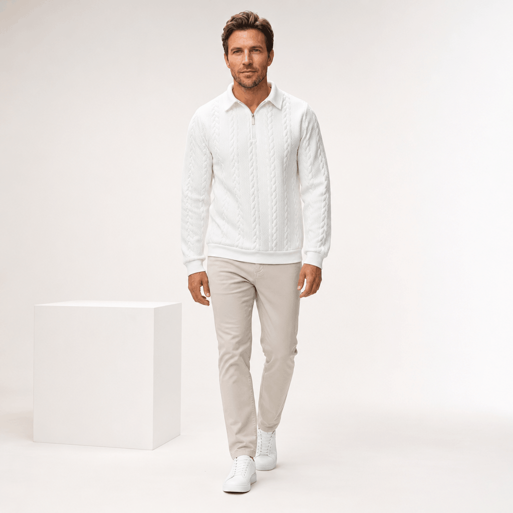 Luca Cable-Knit Quarter-Zip Sweater – Jacquard Ribbed-Cuff Collared Medium-Stretch Pullover