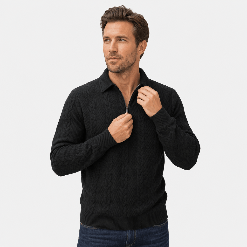 Luca Cable-Knit Quarter-Zip Sweater – Jacquard Ribbed-Cuff Collared Medium-Stretch Pullover