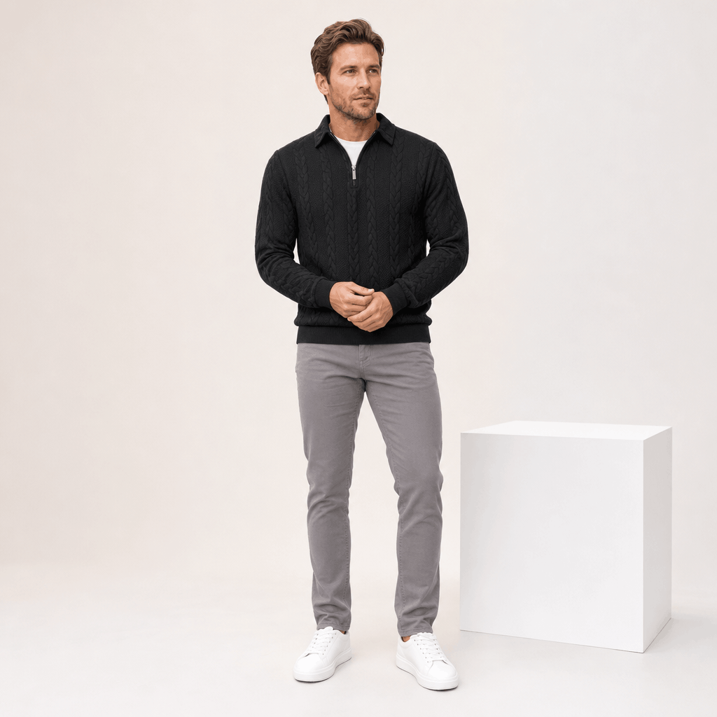 Luca Cable-Knit Quarter-Zip Sweater – Jacquard Ribbed-Cuff Collared Medium-Stretch Pullover