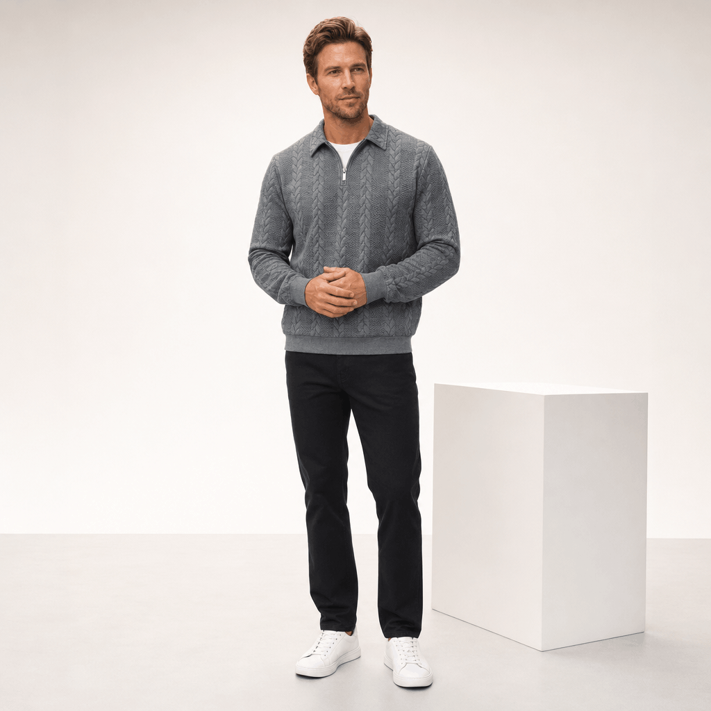 Luca Cable-Knit Quarter-Zip Sweater – Jacquard Ribbed-Cuff Collared Medium-Stretch Pullover