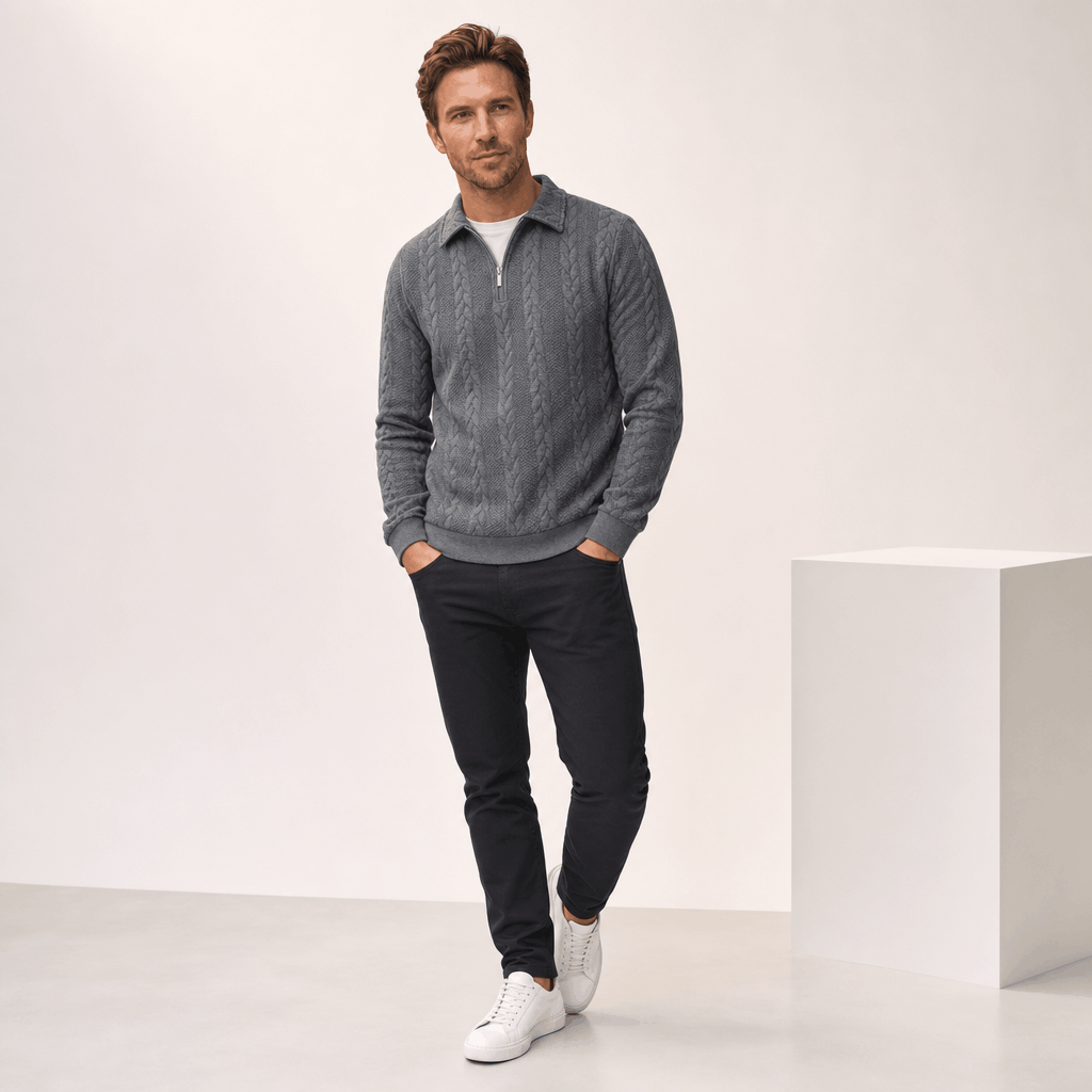 Luca Cable-Knit Quarter-Zip Sweater – Jacquard Ribbed-Cuff Collared Medium-Stretch Pullover