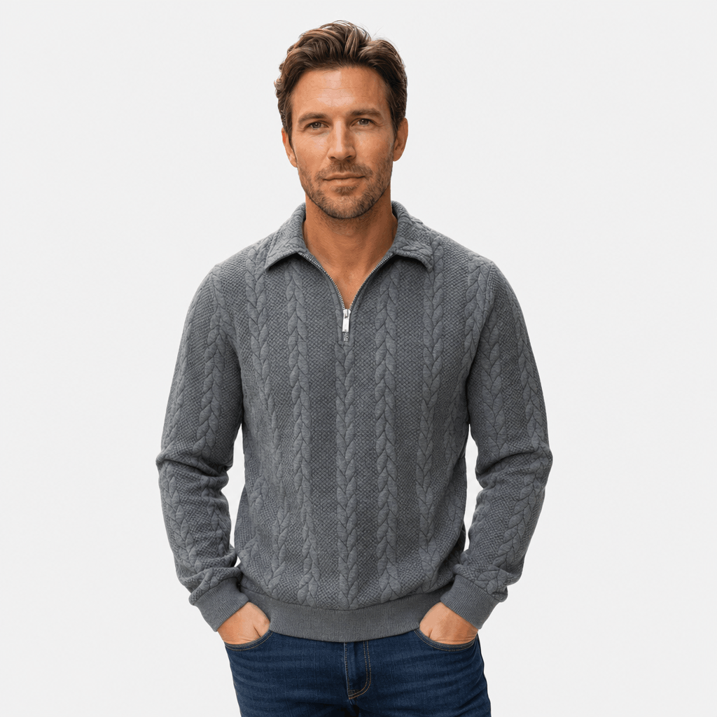 Luca Cable-Knit Quarter-Zip Sweater – Jacquard Ribbed-Cuff Collared Medium-Stretch Pullover