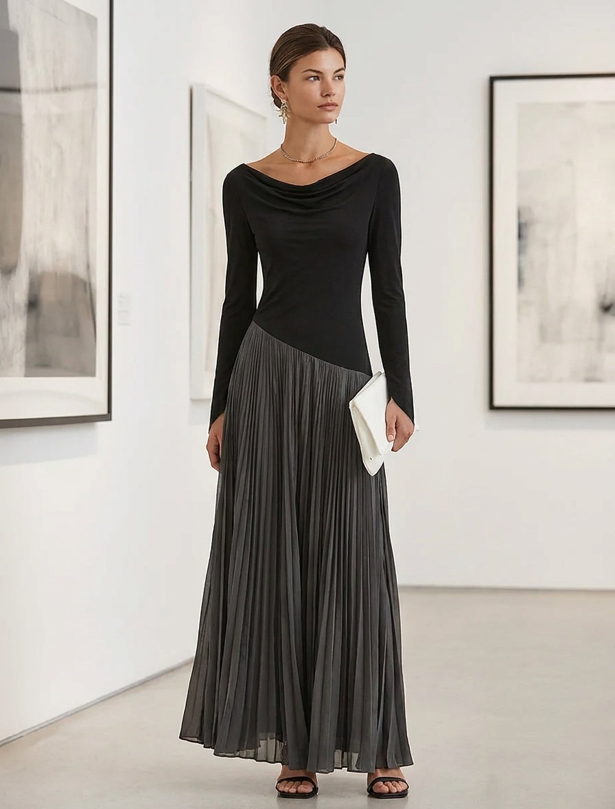 Eden -  Minimalist Two-Tone Color-Block Maxi Dress With Drape Neckline