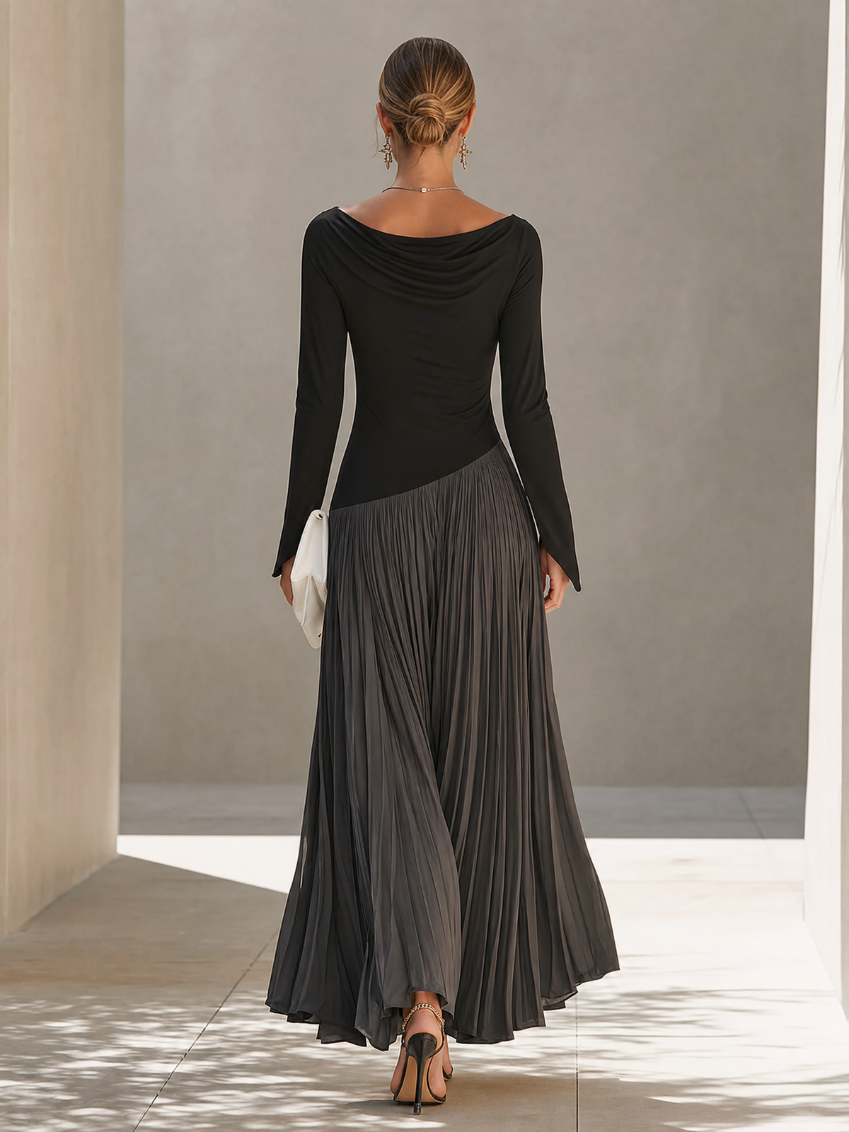 Eden -  Minimalist Two-Tone Color-Block Maxi Dress With Drape Neckline