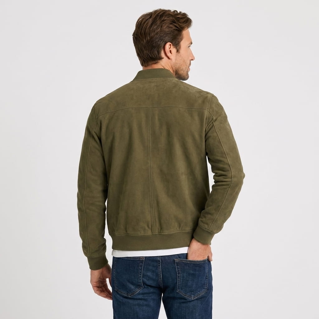 Luciano Suede-Look Bomber Jacket – Rib Collar Zip Front Welt Pocket Lightweight Tailored Overlayer