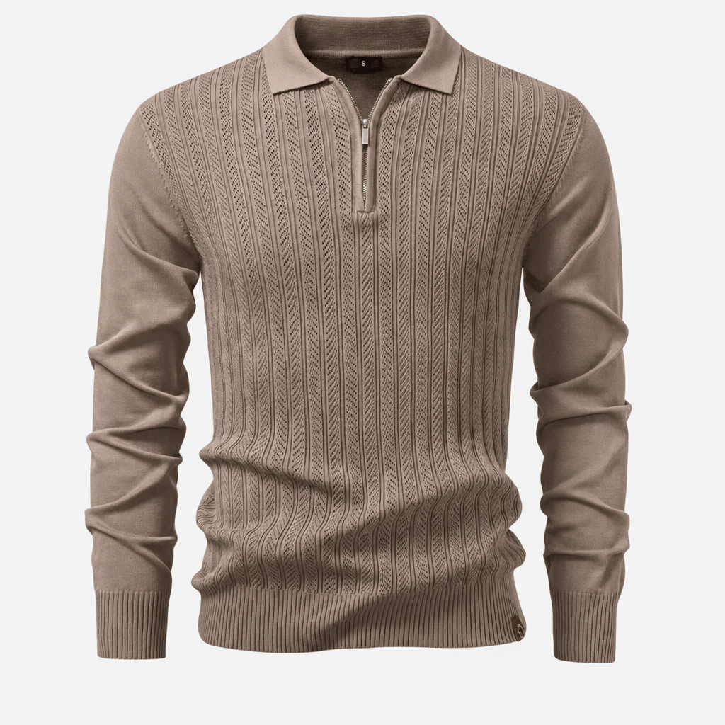 Mauro Quarter Zip Polo Sweater – Textured Openwork Knit Collared Ribbed Trim Layering Pullover