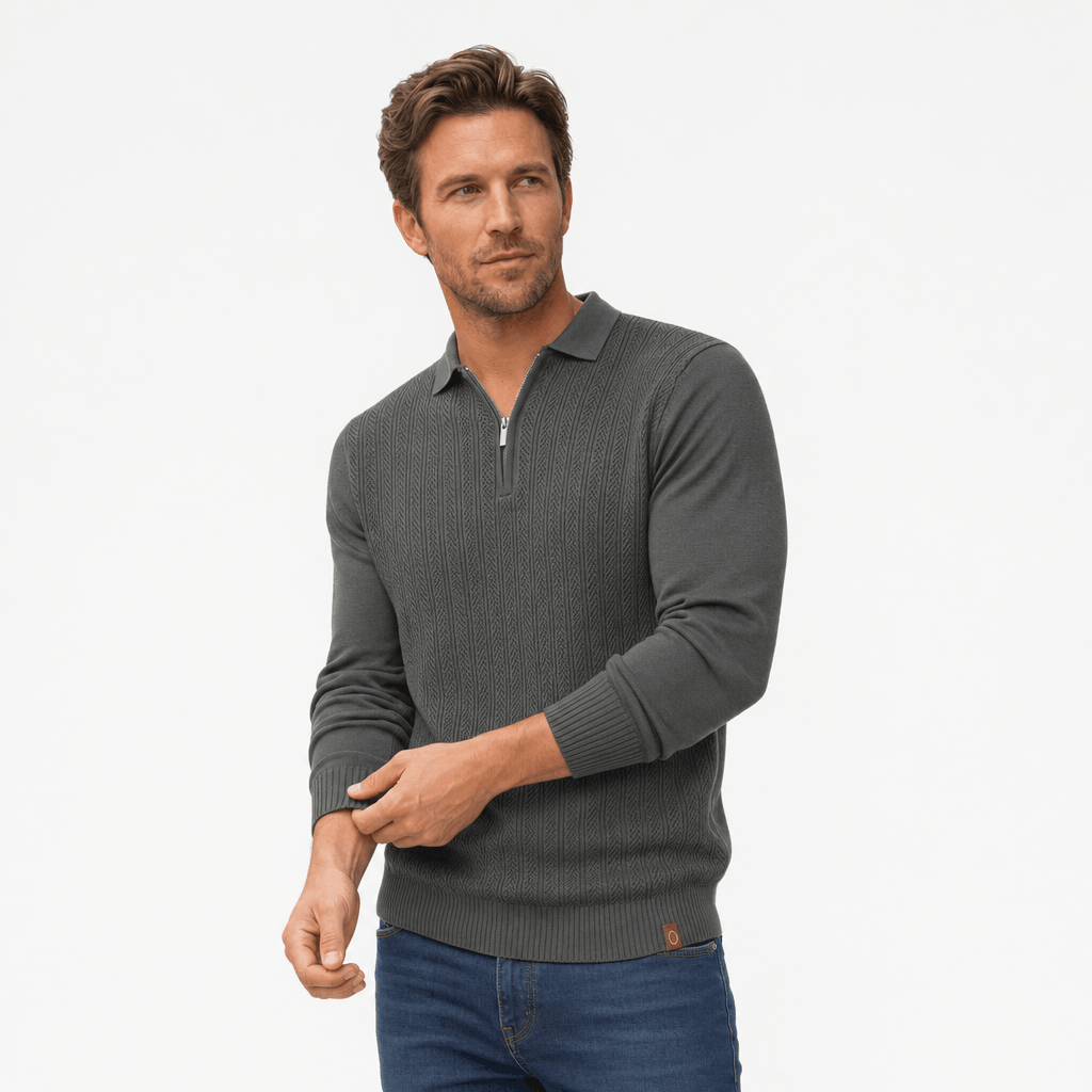Mauro Quarter Zip Polo Sweater – Textured Openwork Knit Collared Ribbed Trim Layering Pullover
