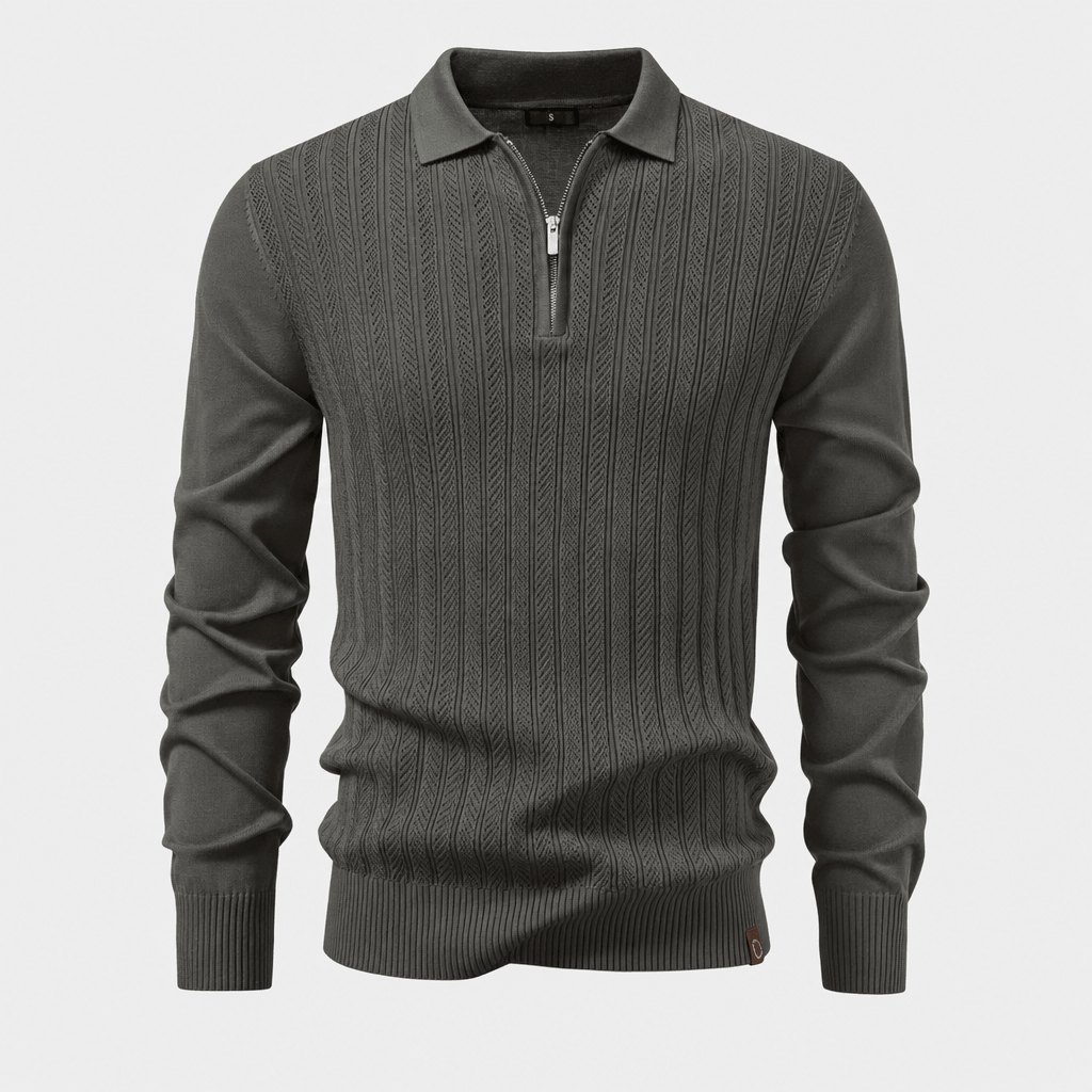 Mauro Quarter Zip Polo Sweater – Textured Openwork Knit Collared Ribbed Trim Layering Pullover