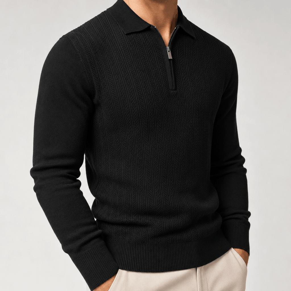 Mauro Quarter Zip Polo Sweater – Textured Openwork Knit Collared Ribbed Trim Layering Pullover