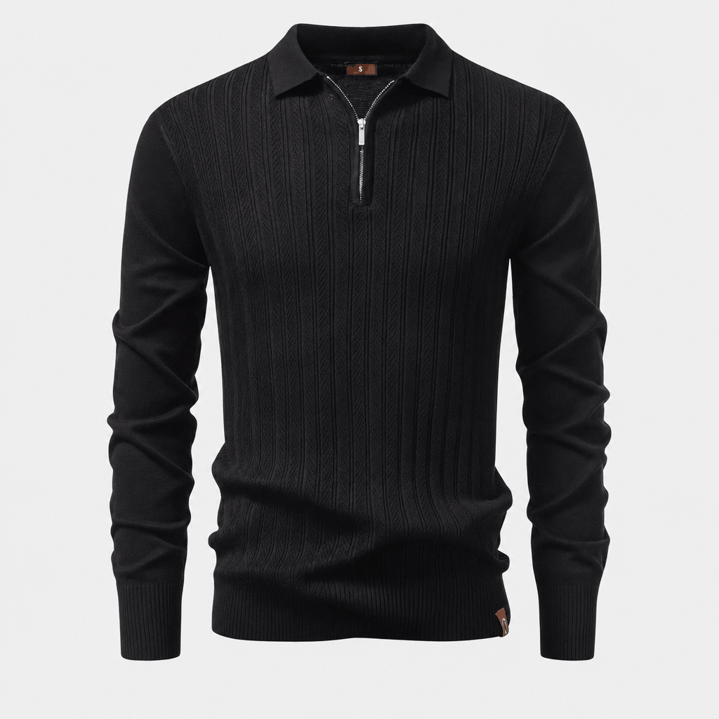 Mauro Quarter Zip Polo Sweater – Textured Openwork Knit Collared Ribbed Trim Layering Pullover