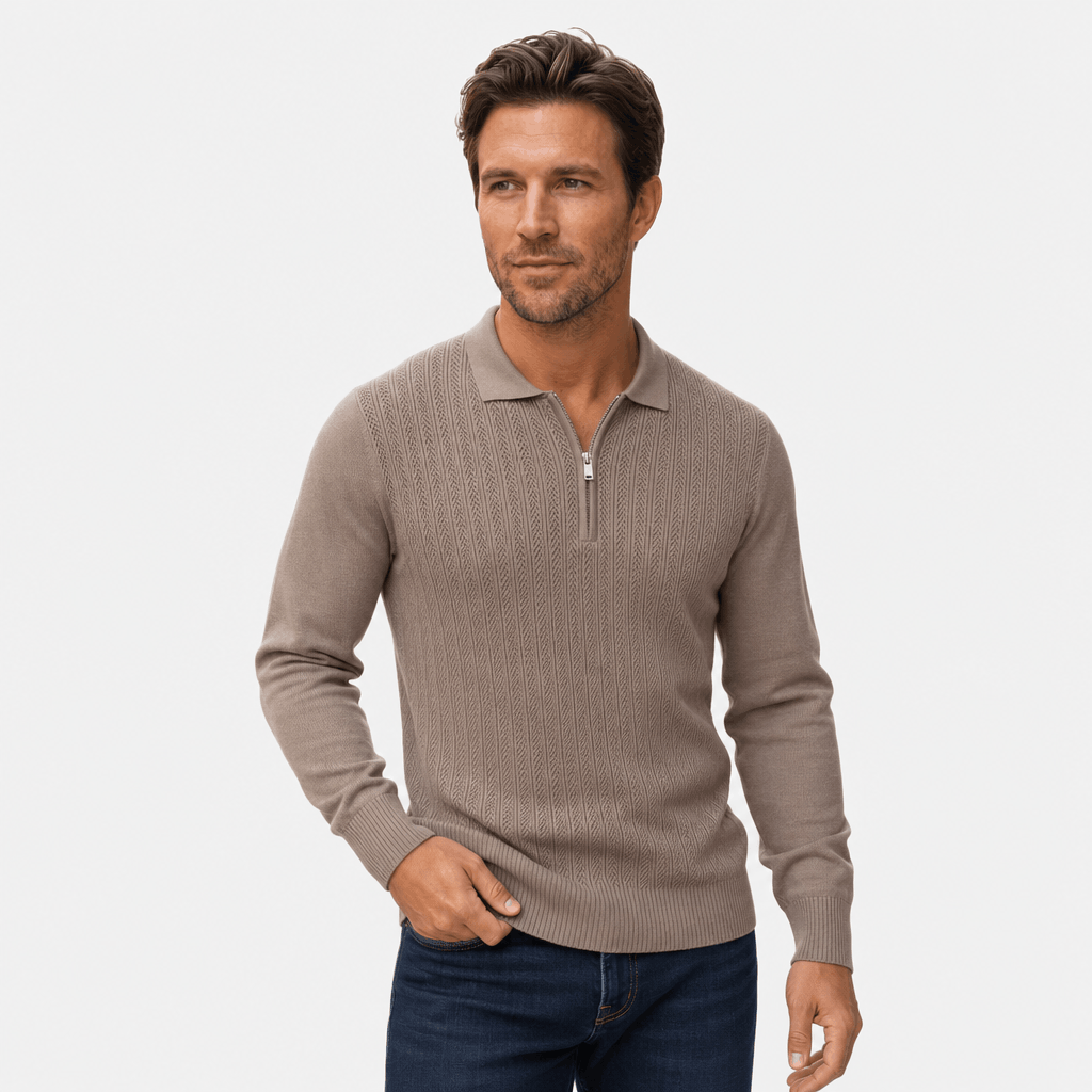 Mauro Quarter Zip Polo Sweater – Textured Openwork Knit Collared Ribbed Trim Layering Pullover
