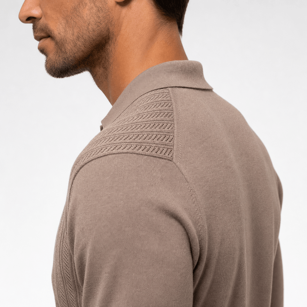 Mauro Quarter Zip Polo Sweater – Textured Openwork Knit Collared Ribbed Trim Layering Pullover