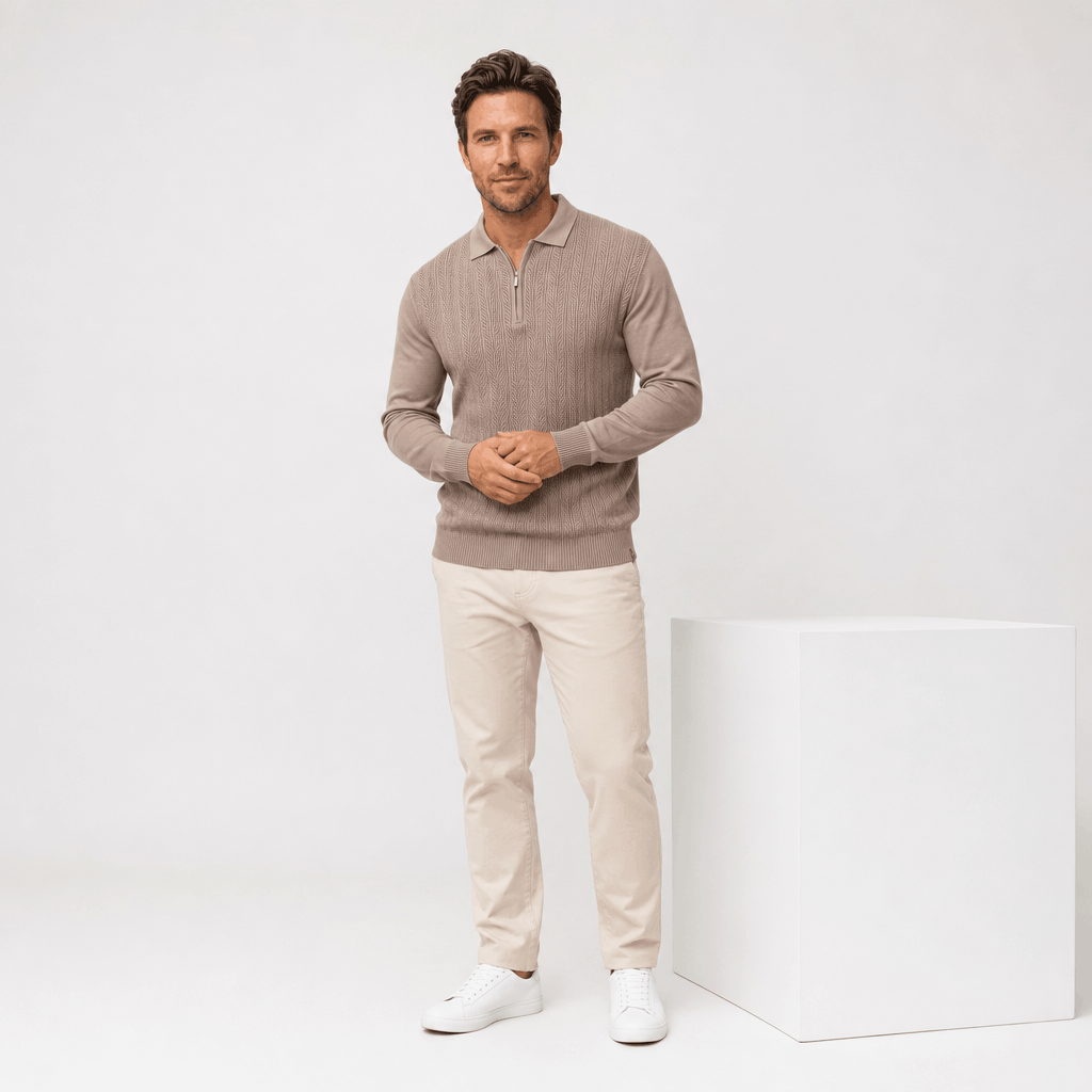 Mauro Quarter Zip Polo Sweater – Textured Openwork Knit Collared Ribbed Trim Layering Pullover