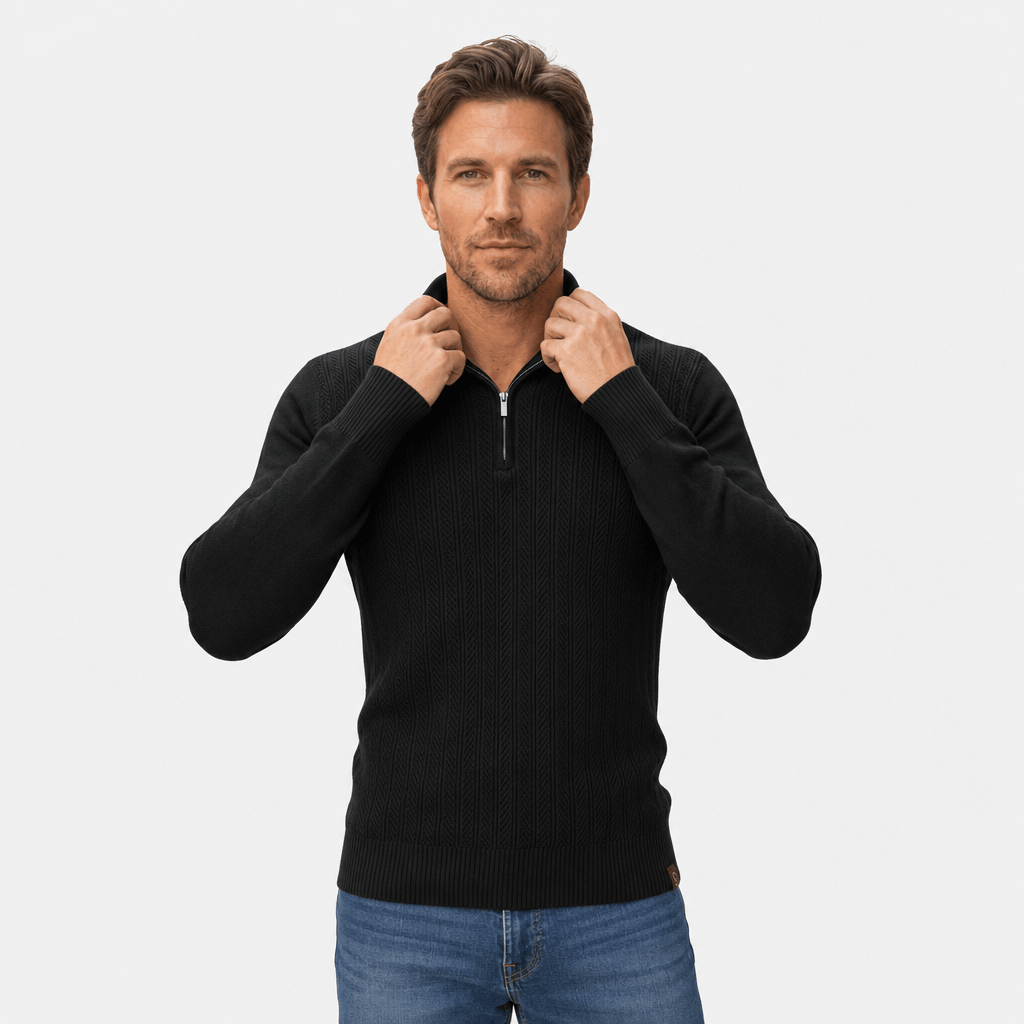 Mauro Quarter Zip Polo Sweater – Textured Openwork Knit Collared Ribbed Trim Layering Pullover