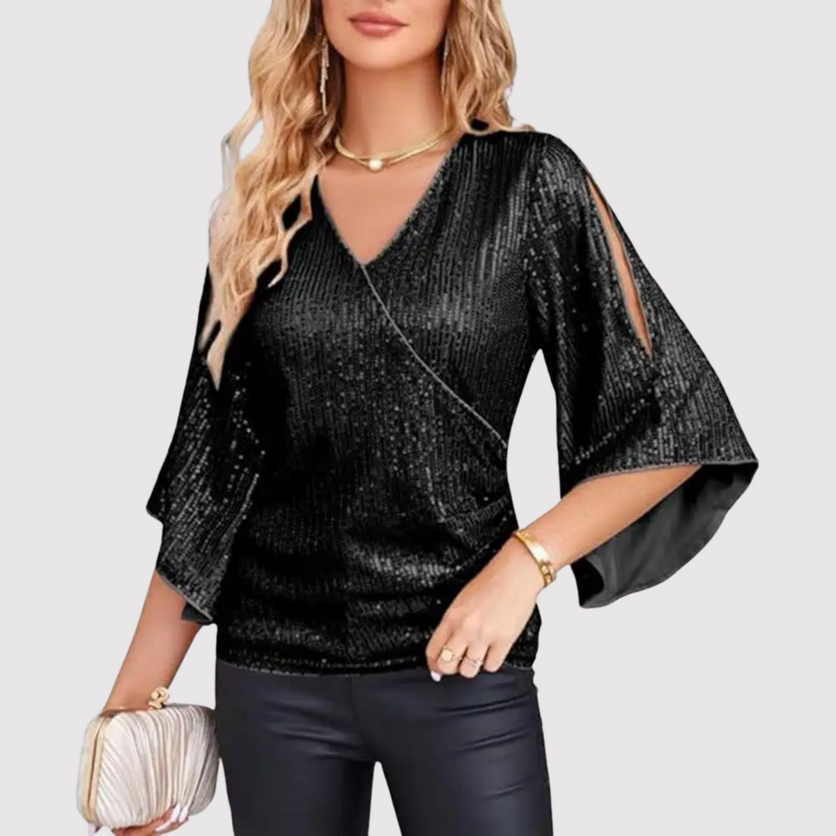 Women's Elegant Sequin Wrap Blouse with V Neck and Split Flared Sleeves – Shimmering Evening Top for Parties and Special Occasions