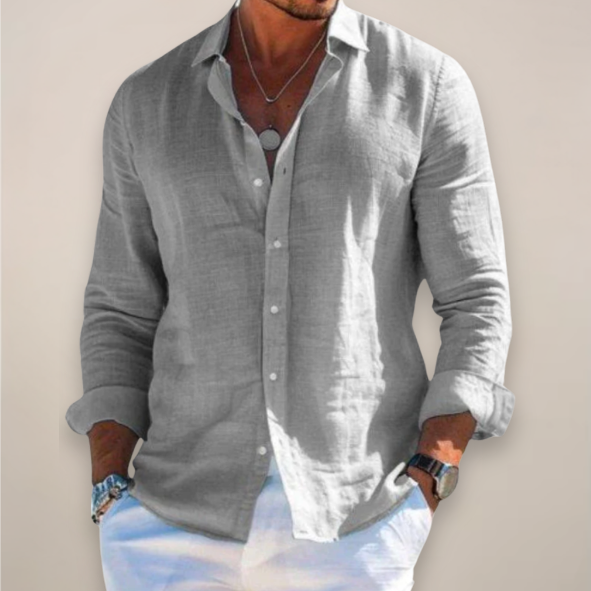 Men's Linen Long Sleeve Shirt – Classic Collar Button-Front Casual