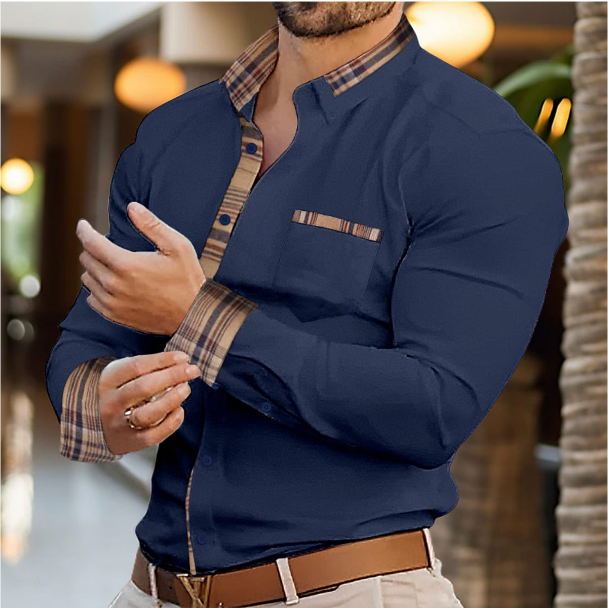 Men's Long Sleeve Polo | Plaid Trim Tailored Shirt