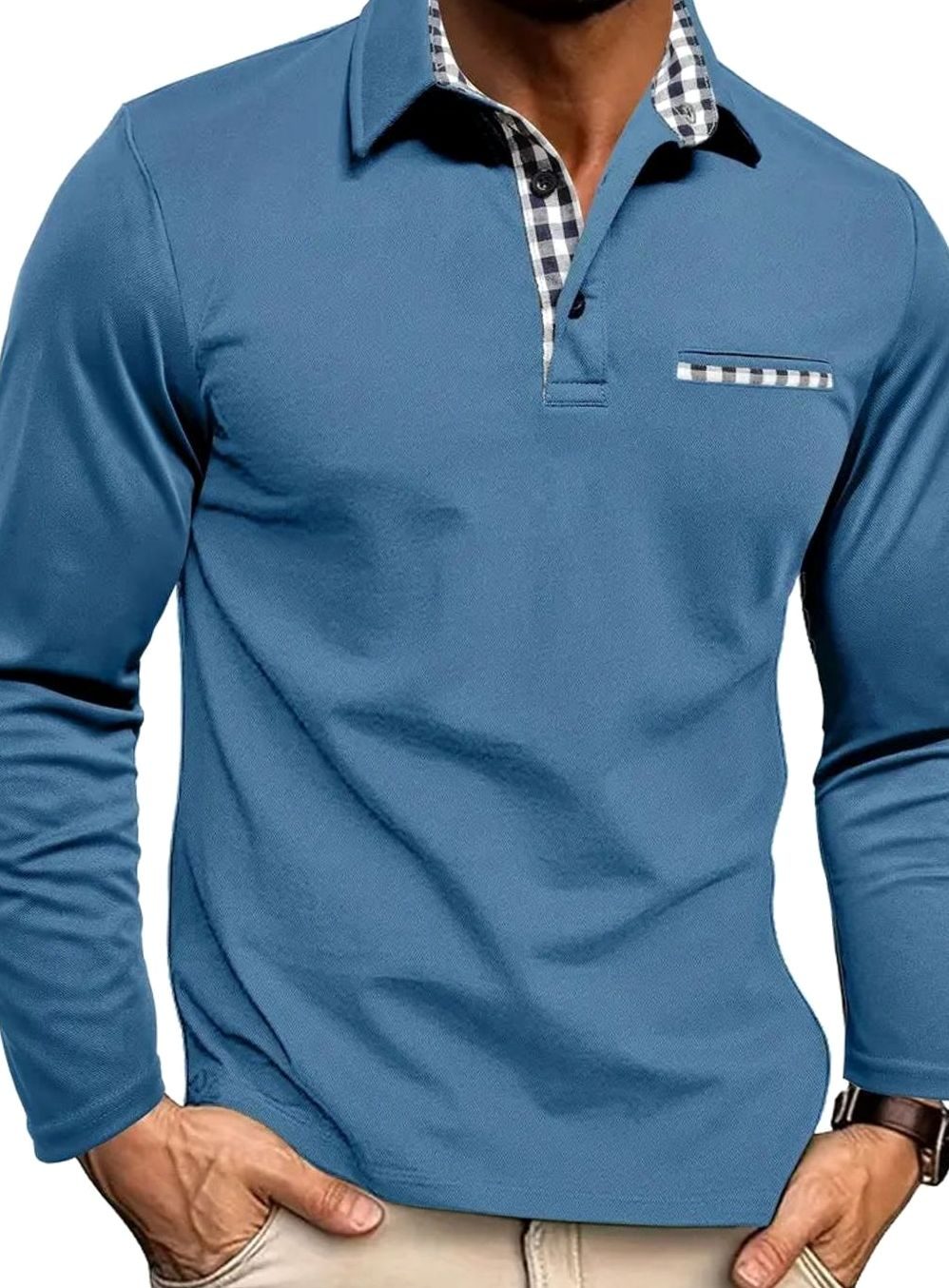 Men's Long Sleeve Polo Shirt | Plaid Collar Design
