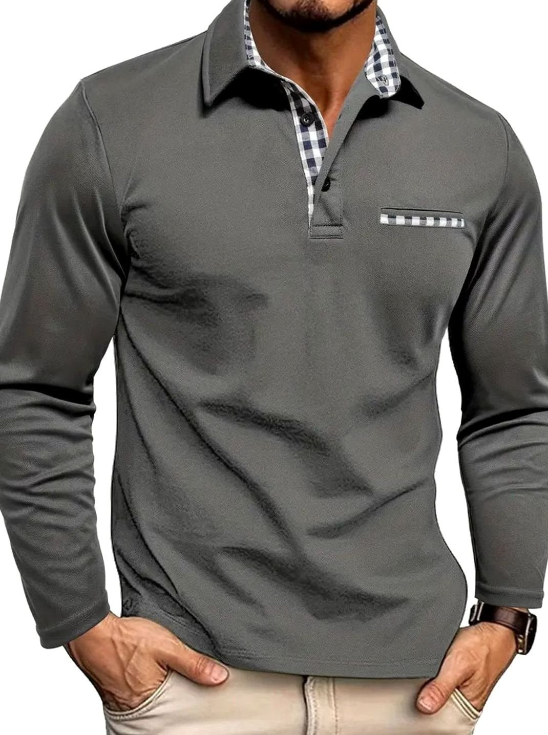 Men's Long Sleeve Polo Shirt | Plaid Collar Design